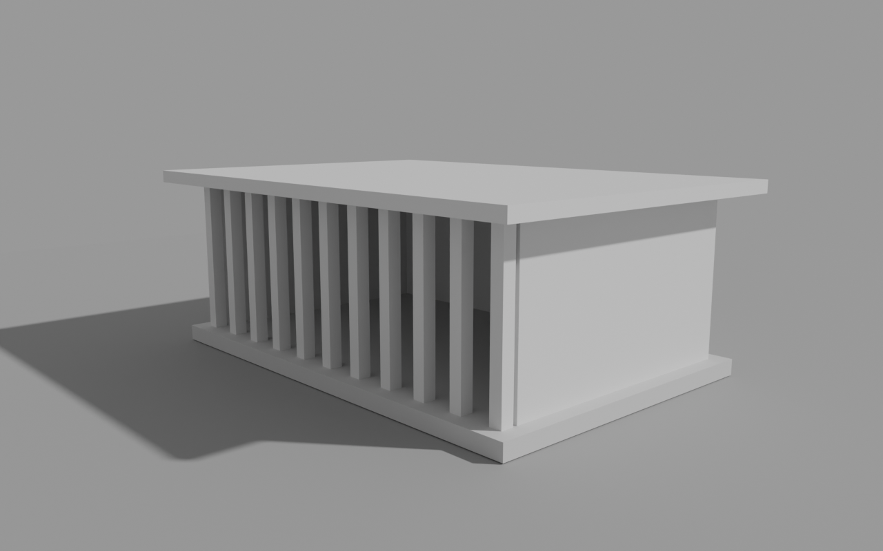 The same grey pavilion from the same camera angle, with eleven square columns along the open front instead of six, spaced roughly twice as closely. The plinth, walls, roof slab, lighting, and shadow are unchanged.