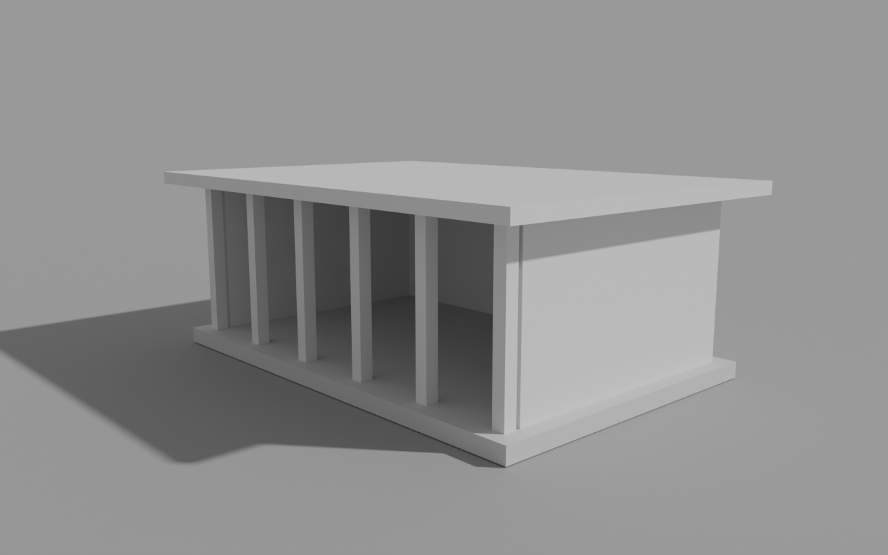 Grey untextured render of the pavilion: a low rectangular plinth, solid back and right-hand side walls, six evenly spaced square columns along the open front, and a flat roof slab projecting past the plinth on every side. A long shadow falls to the left across plain grey ground.