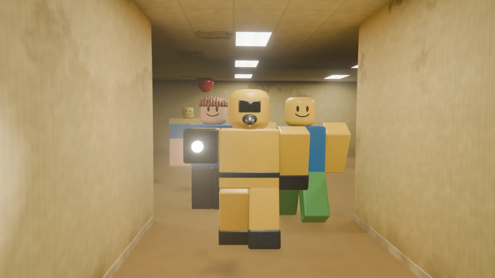 用第一版场景渲染的第 138 帧:Roblox 风格角色走在朴素的黄色走廊里,墙上没有海报,衣服上也没有标志。