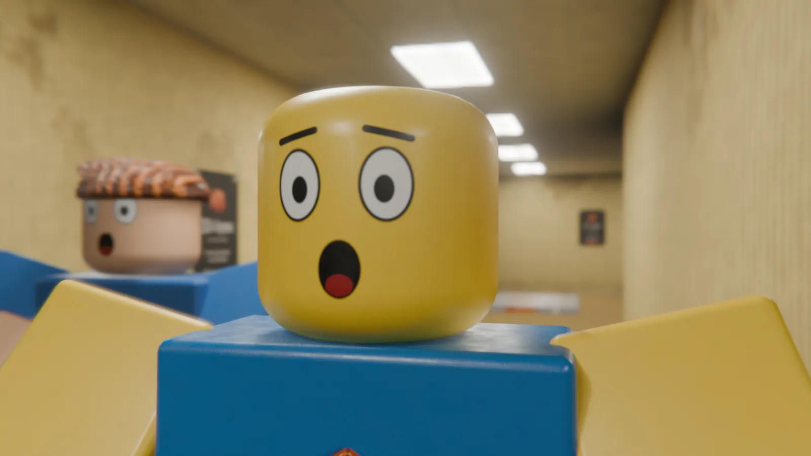 一个 Roblox 风格角色露出惊恐表情的特写,身后还有另一个角色。