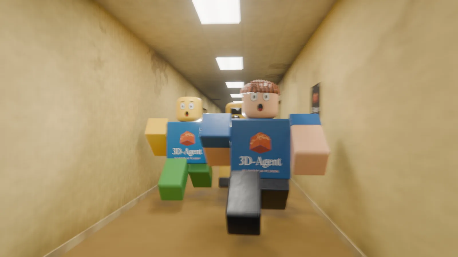 两个 Roblox 风格角色沿黄色走廊朝镜头飞奔,画面带有运动模糊。